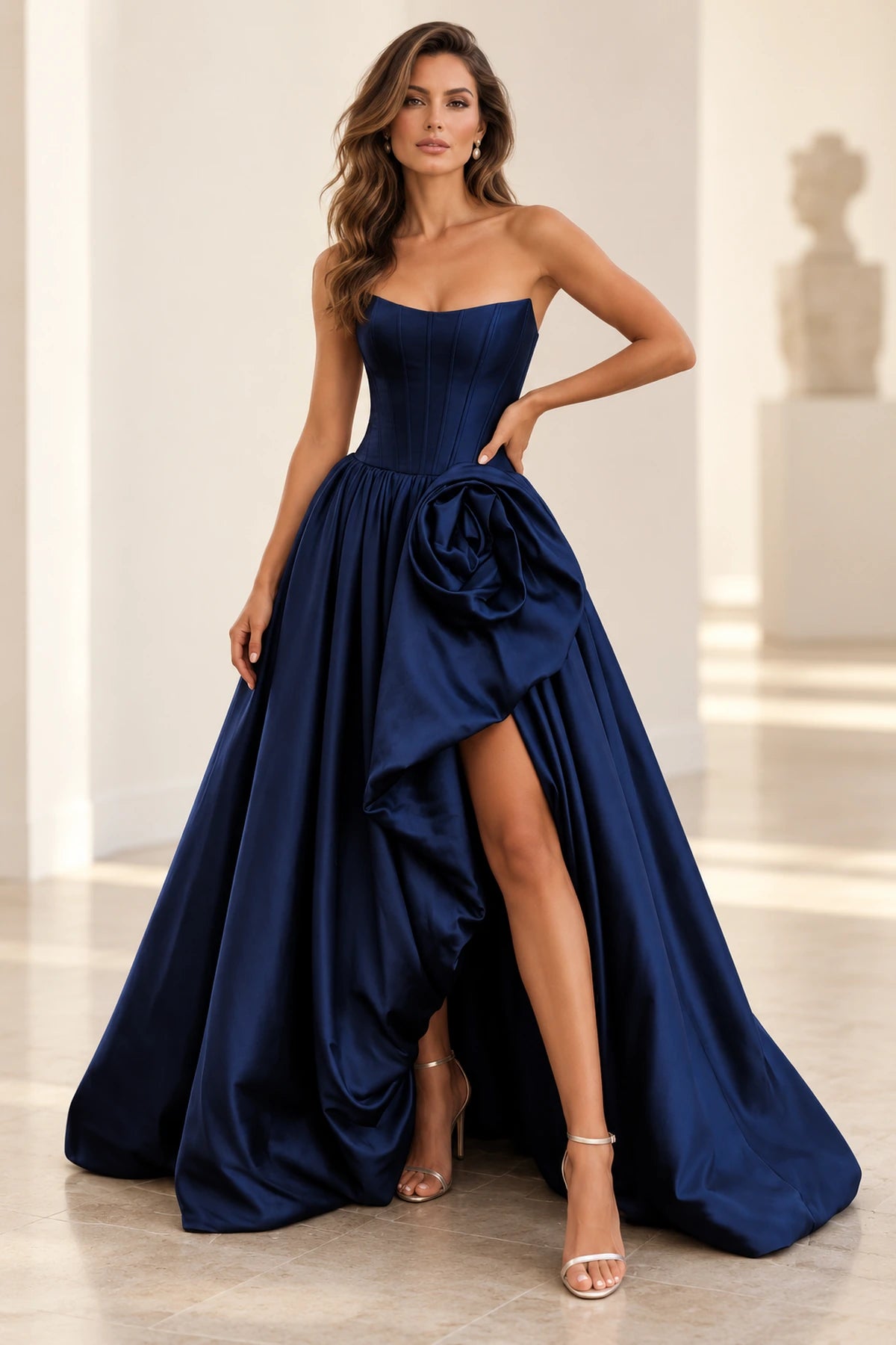Dramatic Satin A Line Scoop Neck Strapless Long Prom Dress