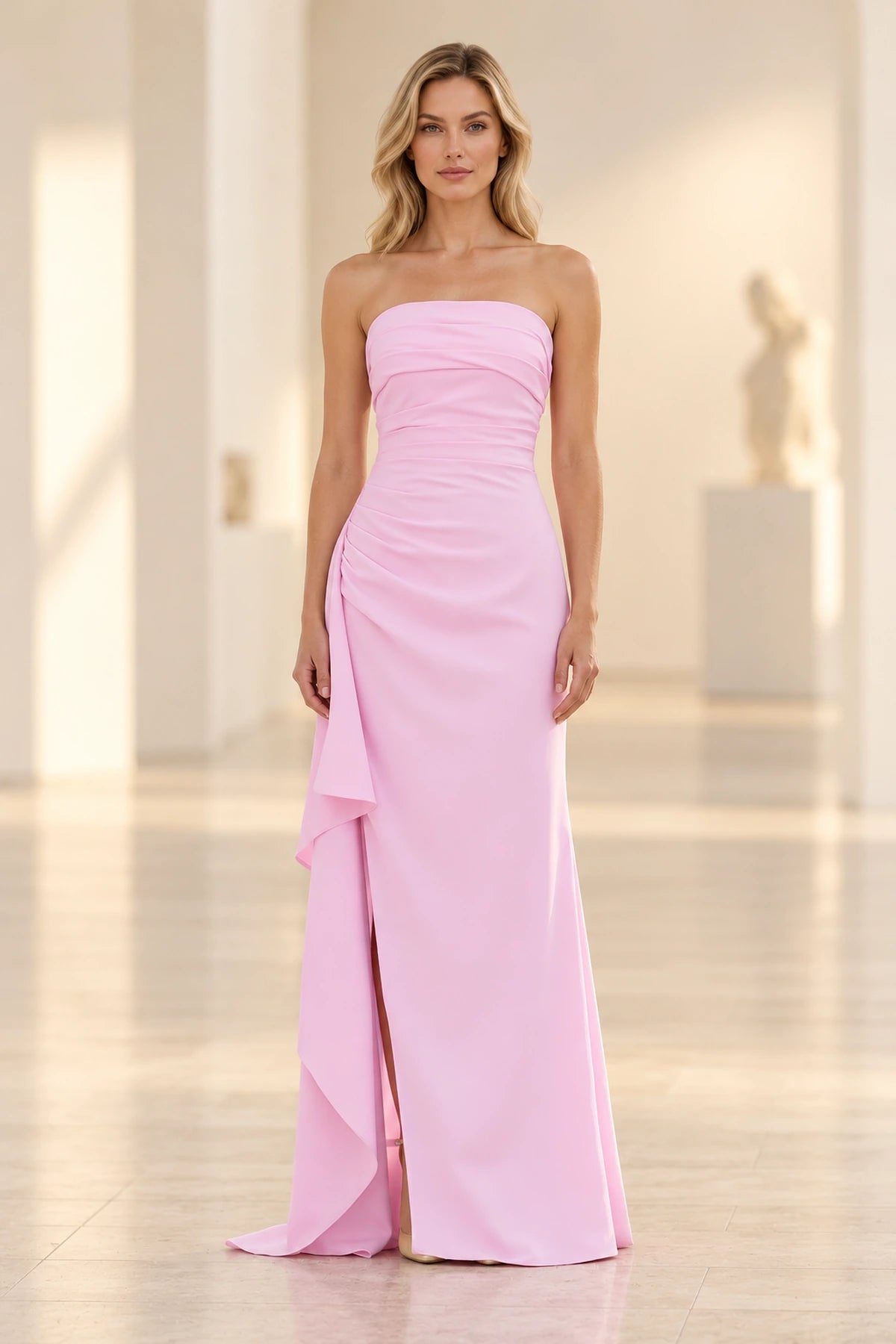 Elegant Satin Sheath Straight Neck Strapless Lace-Up Back Long Prom Dress