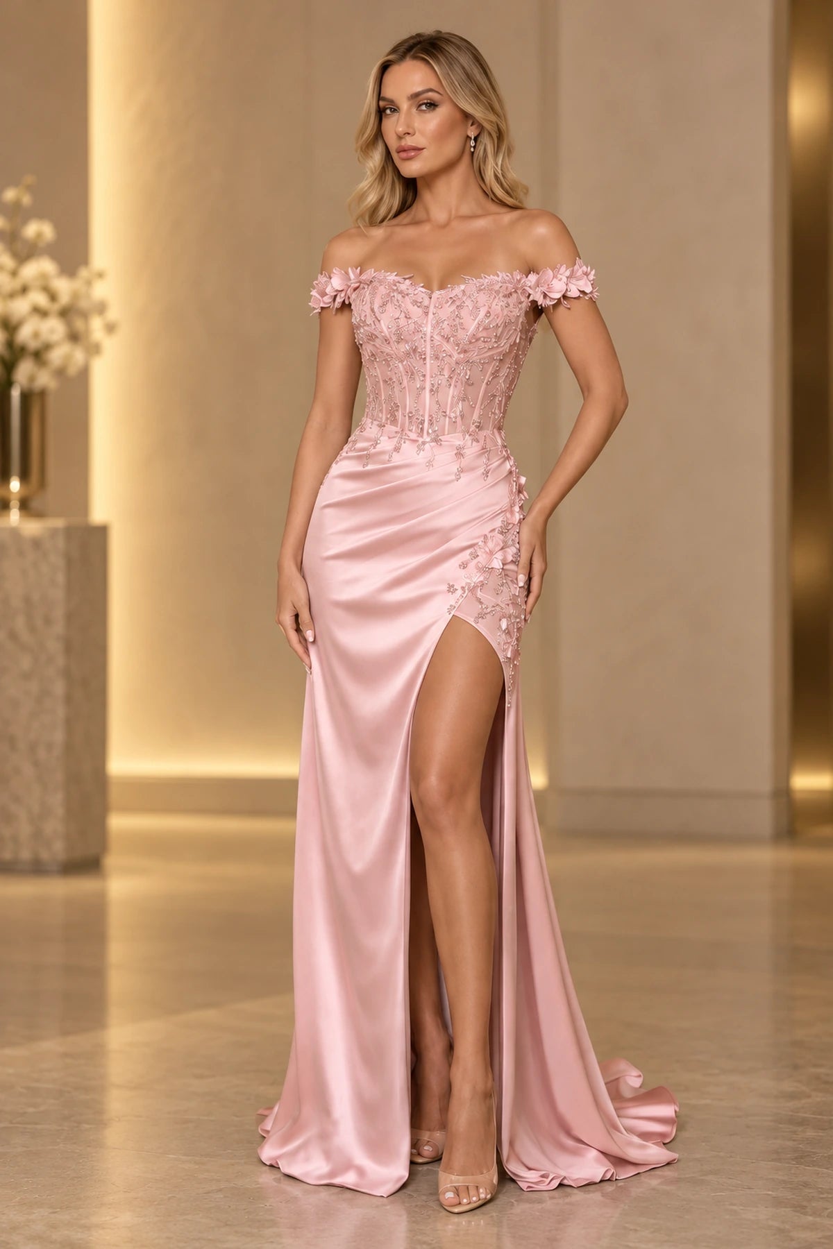 Elegant Satin Mermaid Off Shoulder Floral Applique Corset Lace-Up Back Prom Dress