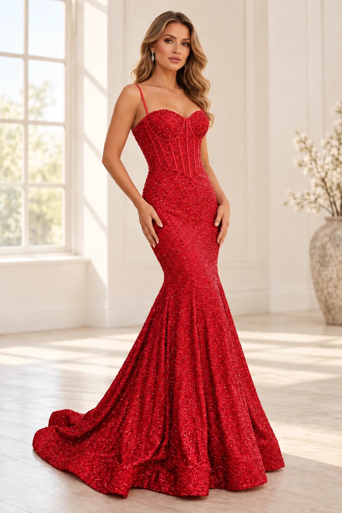 Glamorous Sequin Mermaid Sweetheart Spaghetti Strap Corset Lace-Up Back Prom Dress