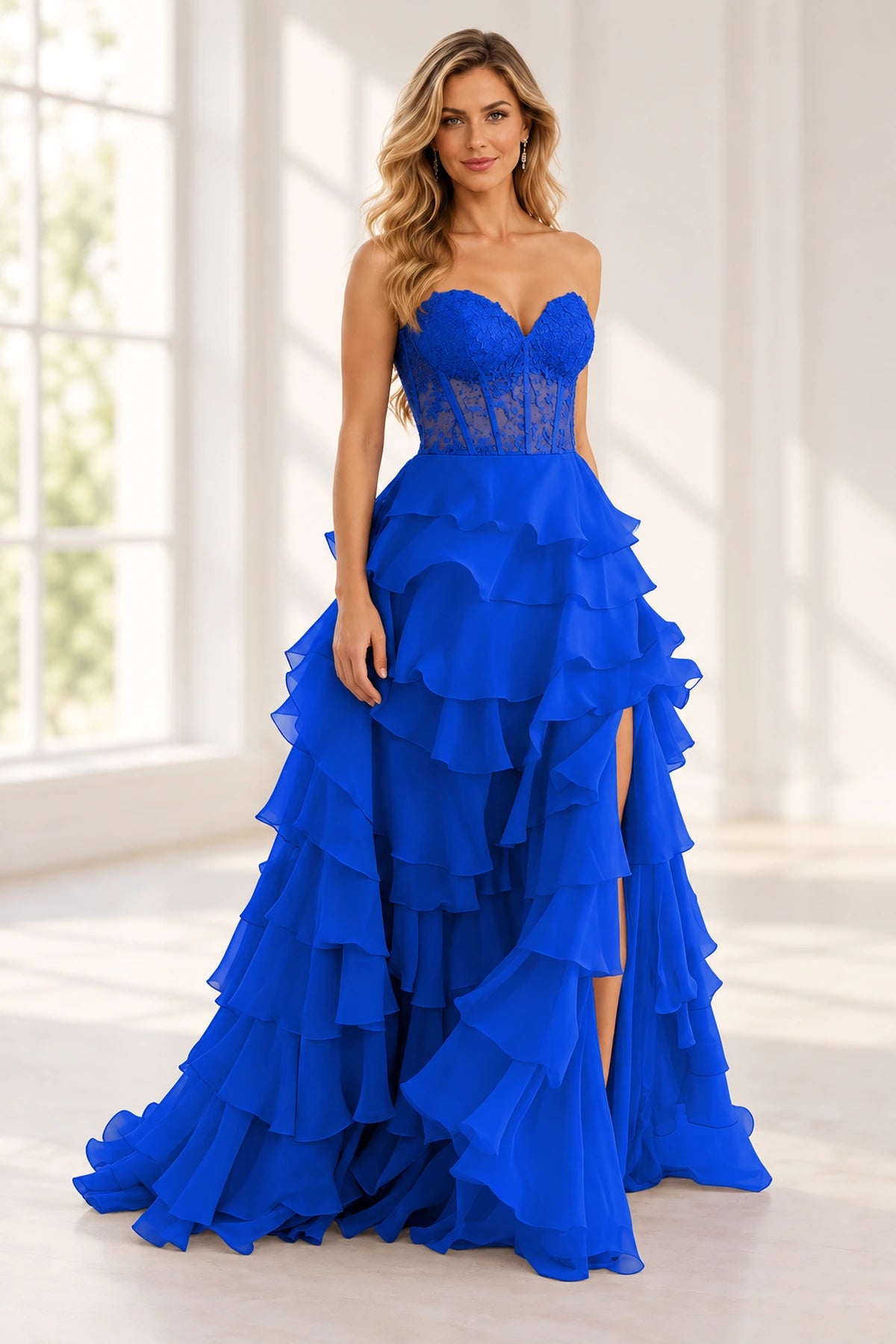 Elegant Chiffon Ball Gown Sweetheart Strapless Lace-Up Back Ruffle Prom Dress