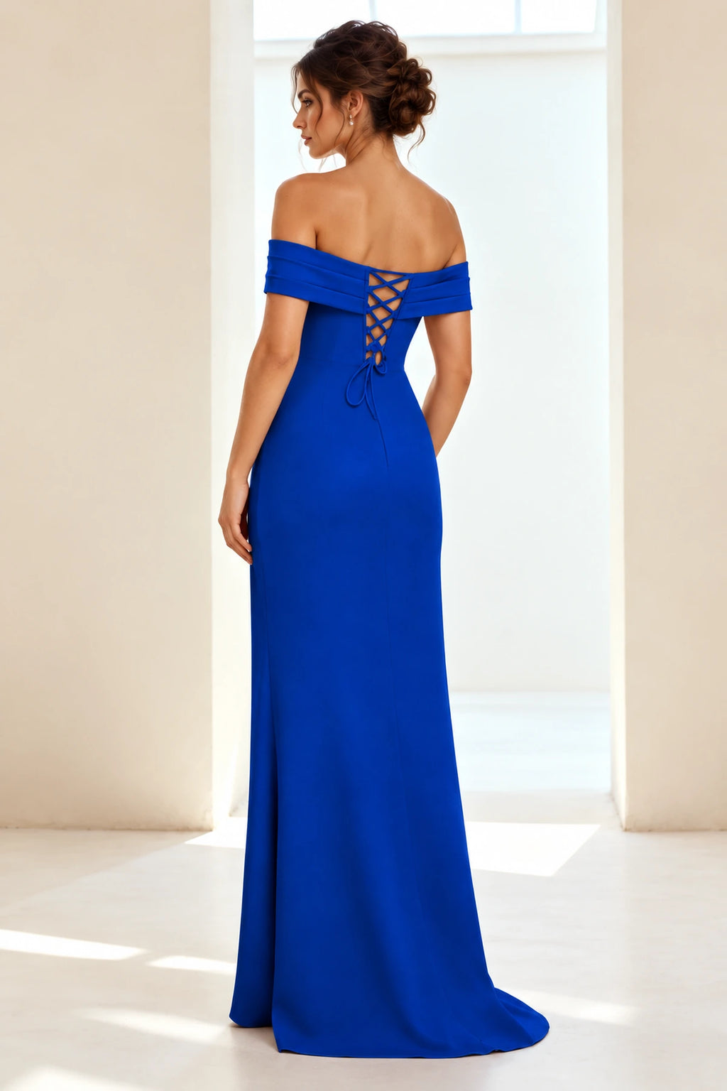 Elegant Sheath Off Shoulder Short Sleeve Lace-Up Back Long Prom Dress