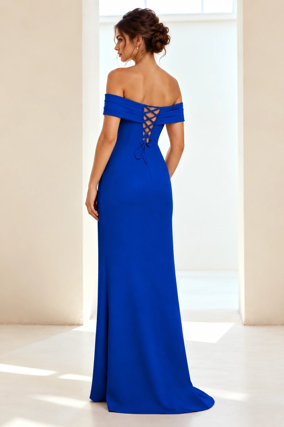 Elegant Sheath Off Shoulder Short Sleeve Lace-Up Back Long Prom Dress
