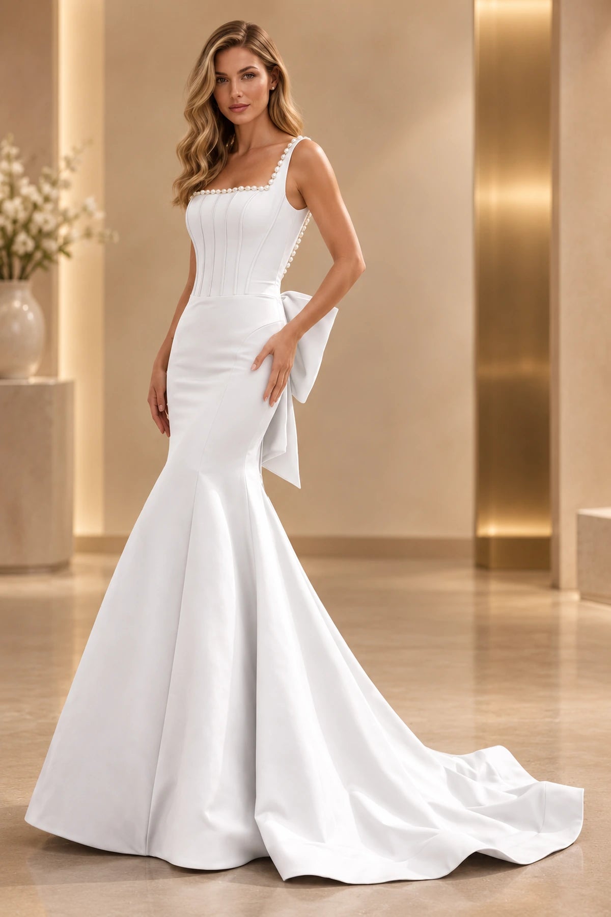 Elegant Satin Mermaid Square Neck Pearl Trim Bow Back Long Prom Dress