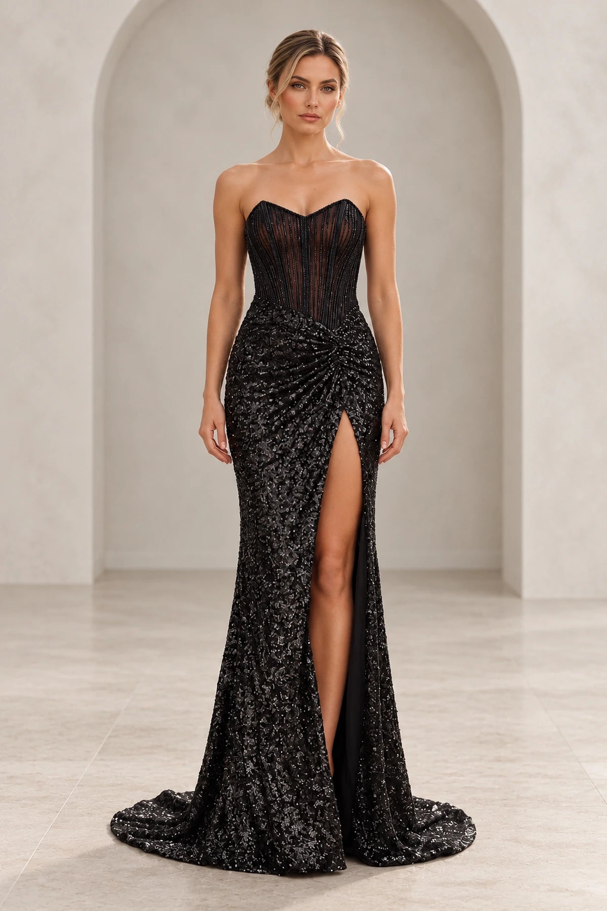 Elegant Sequin Mermaid Sweetheart Strapless Corset Lace-Up Back Prom Dress