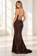 Elegant Floral Applique Mermaid Scoop Neck Spaghetti Strap Lace-Up Back Prom Dress