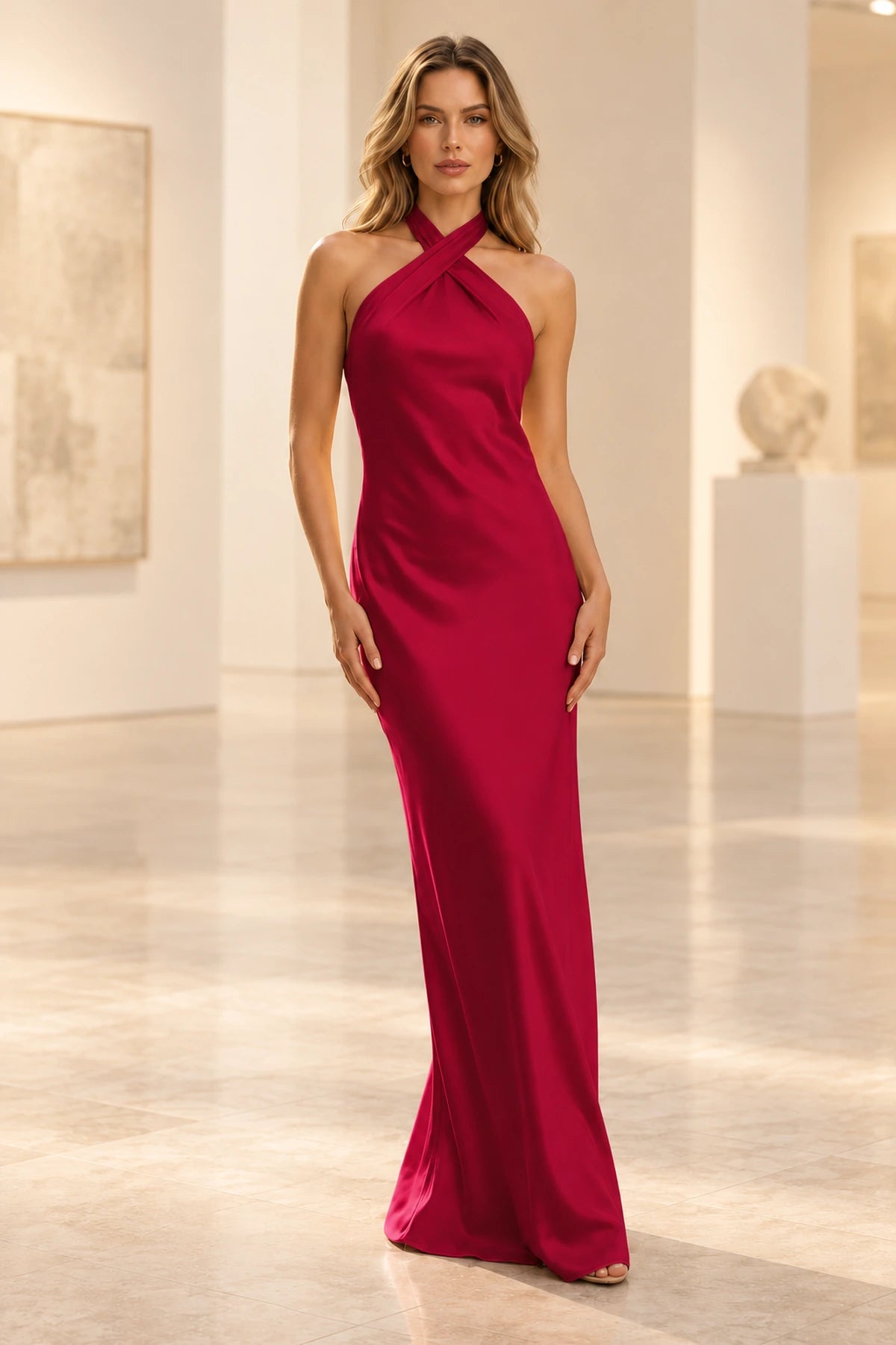 Elegant Satin Sheath Halter Sleeveless Bow-Back Floor-Length  Prom Dress