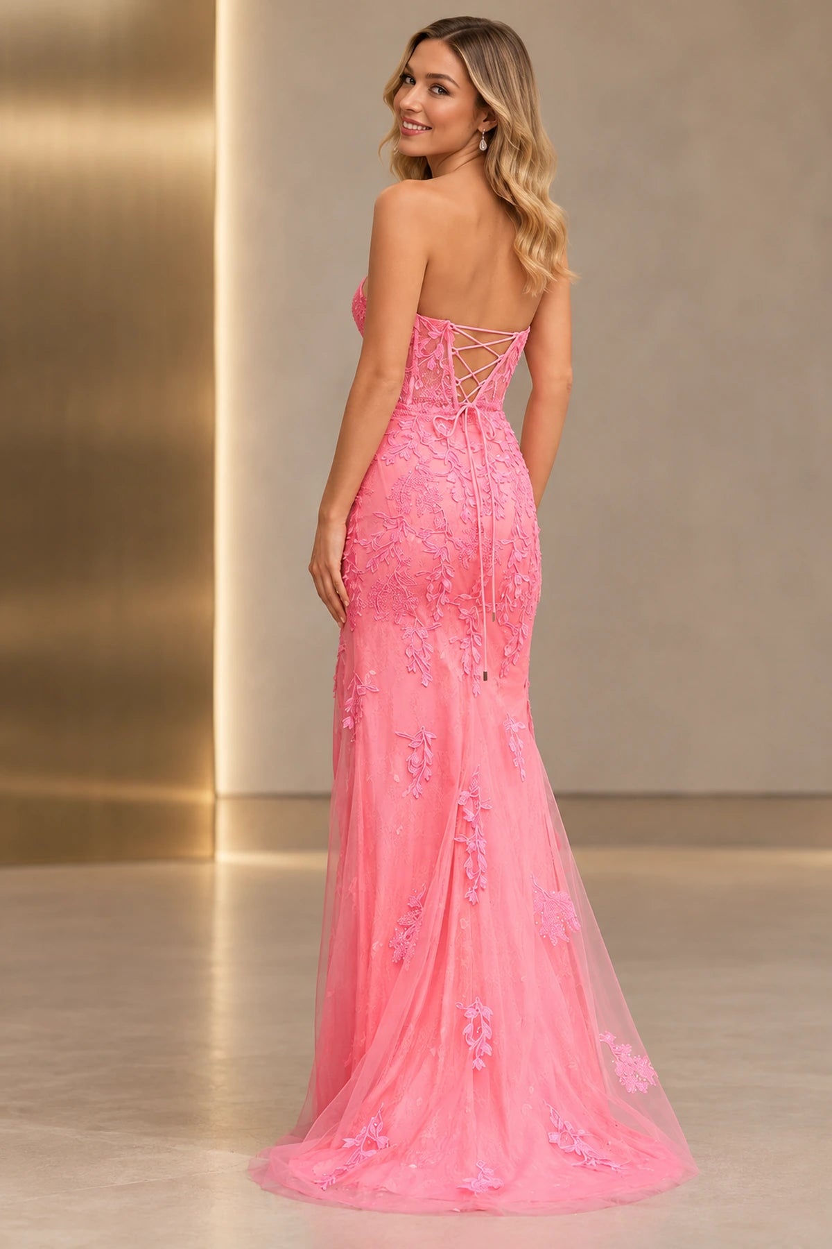 Elegant Lace Applique Mermaid Sweetheart Strapless Corset Lace-Up Back Long Prom Dress