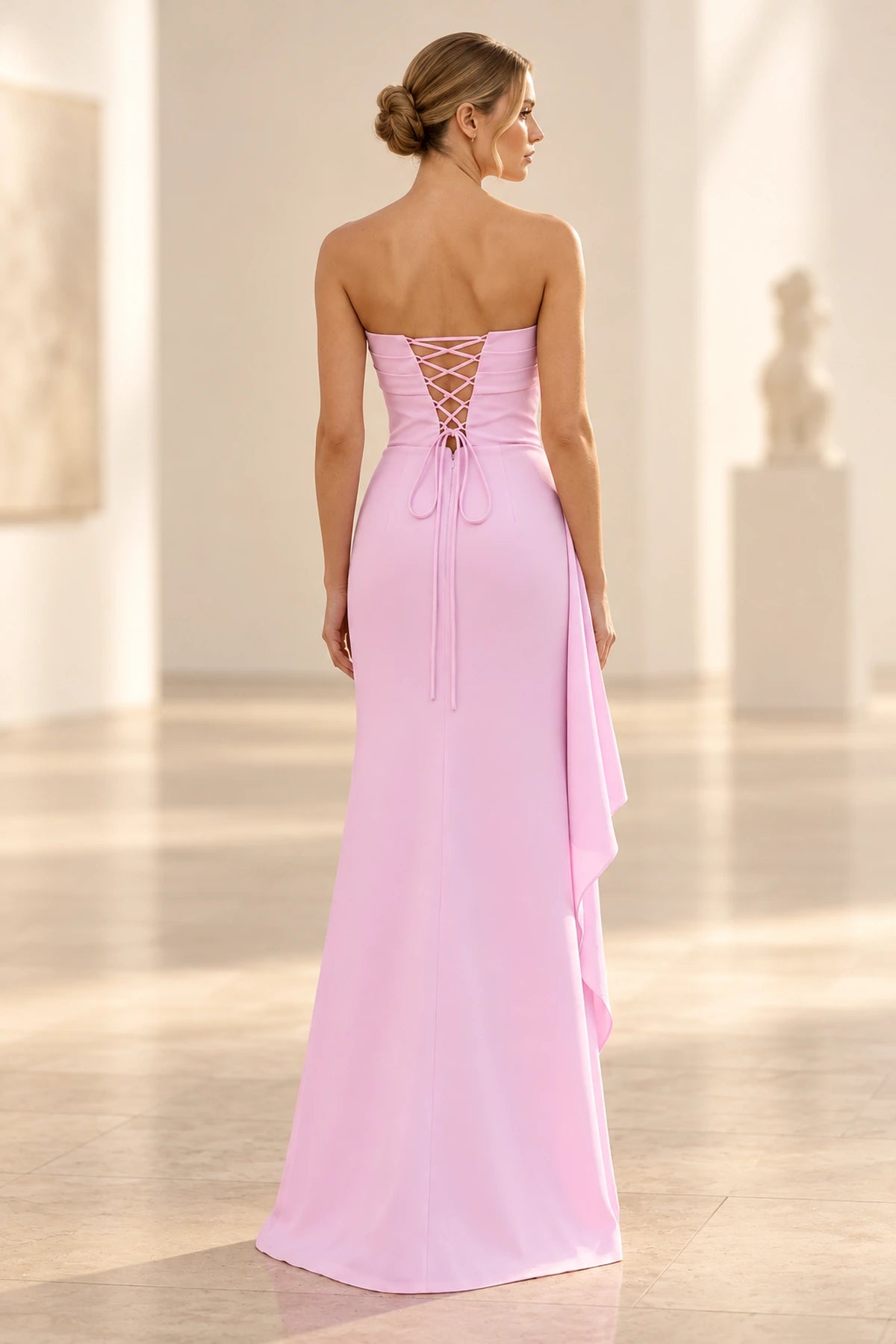 Elegant Satin Sheath Straight Neck Strapless Lace-Up Back Long Prom Dress