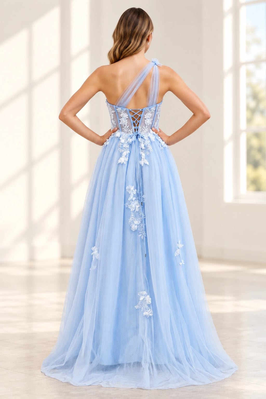 Romantic Tulle A Line Sweetheart One Shoulder Floral Long Prom Dress
