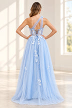 Romantic Tulle A Line Sweetheart One Shoulder Floral Long Prom Dress