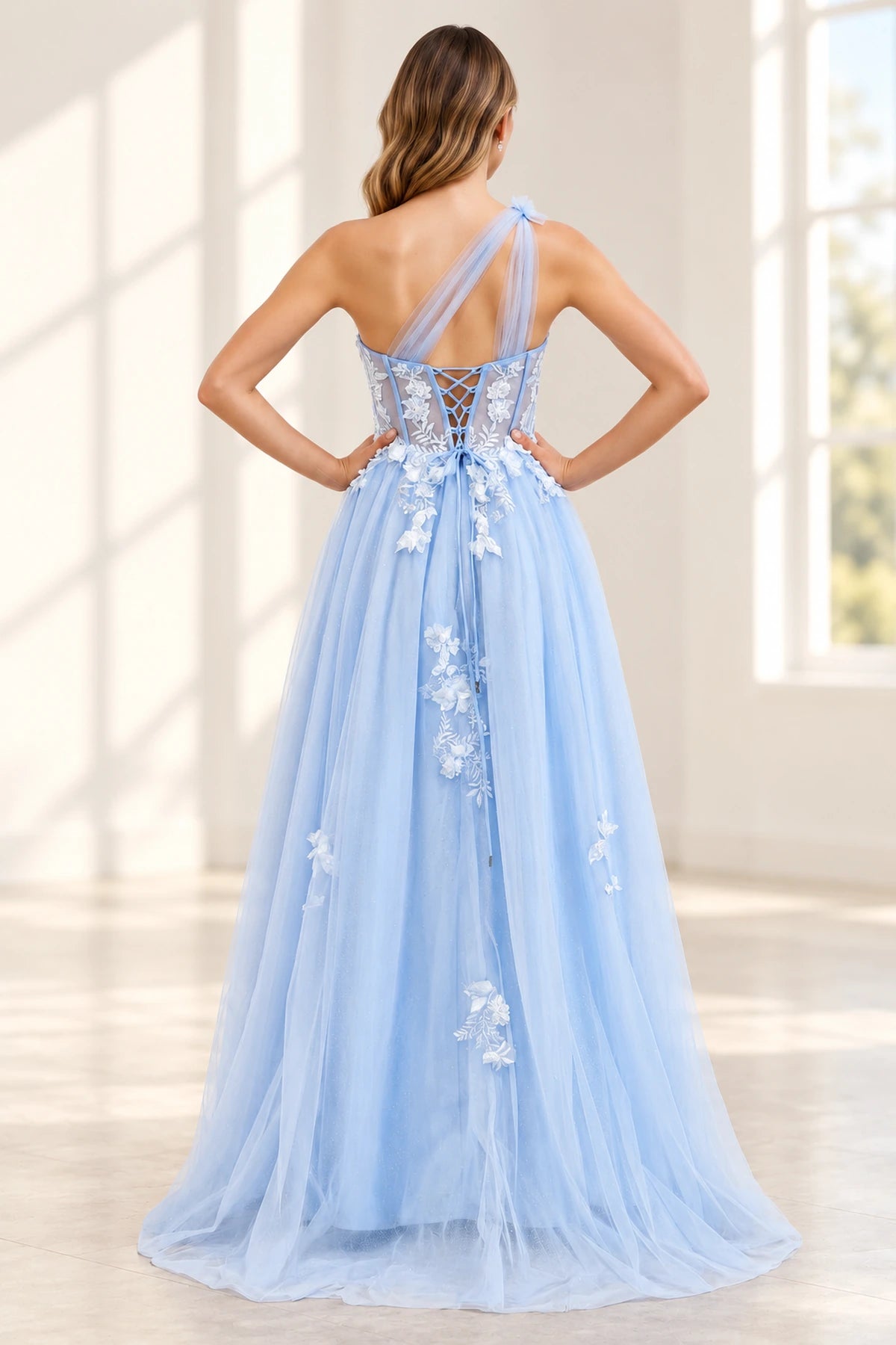 Romantic Tulle A Line Sweetheart One Shoulder Floral Long Prom Dress