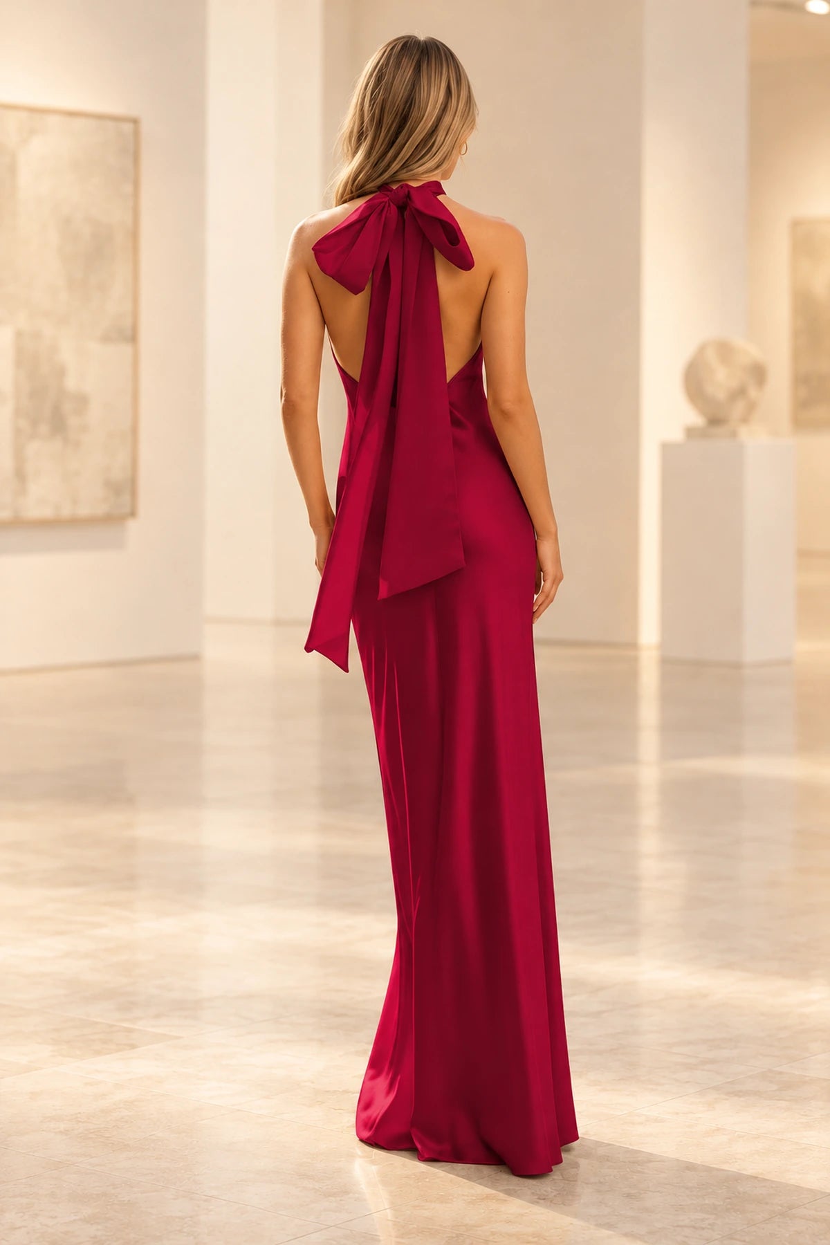 Elegant Satin Sheath Halter Sleeveless Bow-Back Floor-Length  Prom Dress