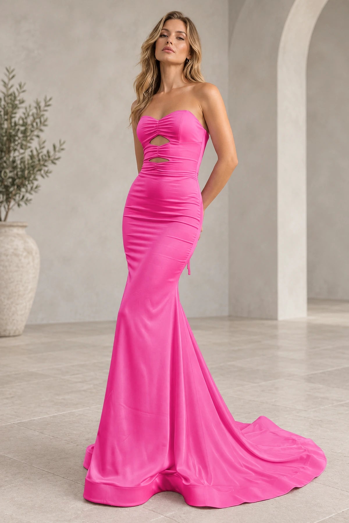 Elegant Satin Mermaid Strapless Cutout Lace-Up Back Long Prom Dress