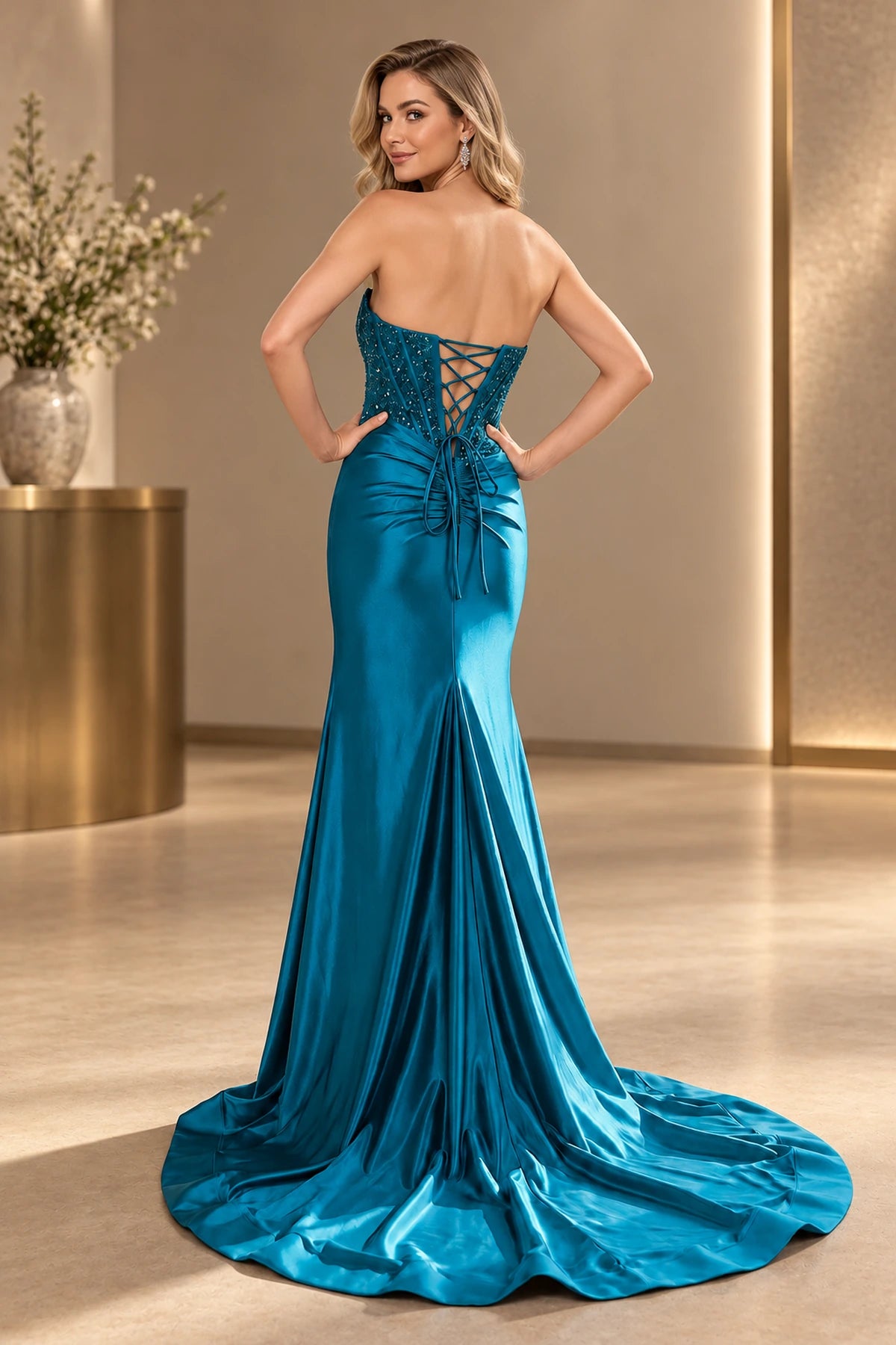 Elegant Satin Mermaid Strapless Corset Lace-Up Back Long Prom Dress