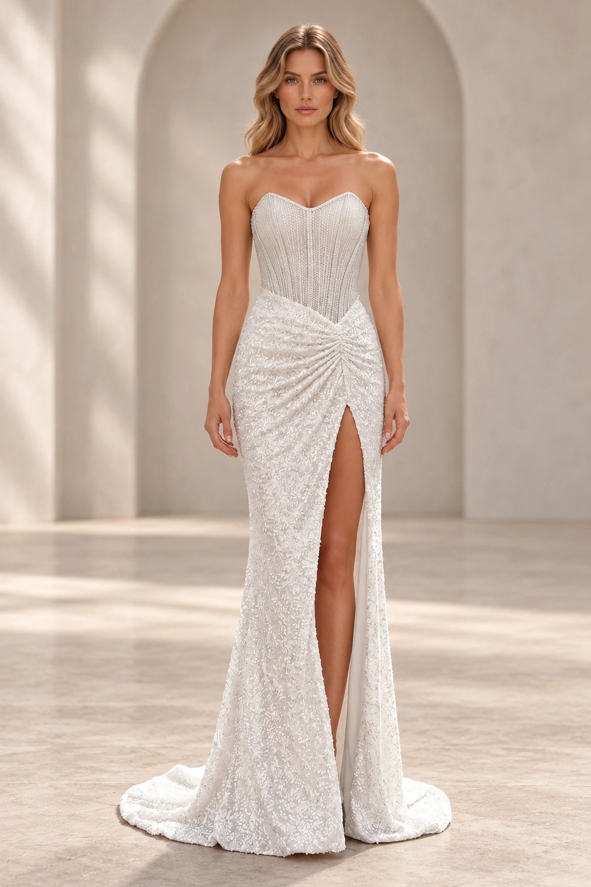 Elegant Sequin Mermaid Sweetheart Strapless Corset Lace-Up Back Prom Dress
