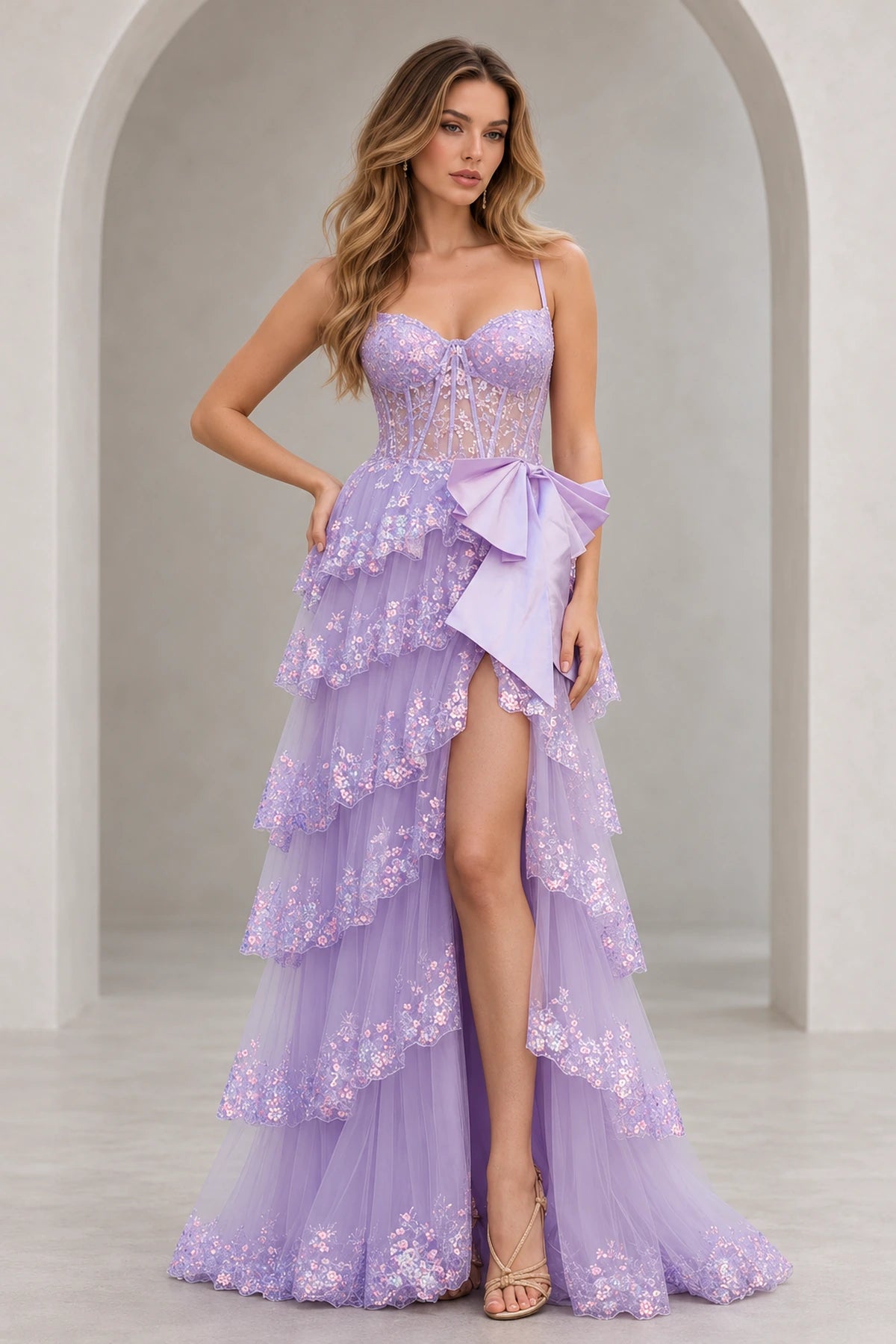 Gorgeous Tulle A-Line Strapless Sweetheart Sequin Corset Tie Back Tiered Ruffle Long Prom Dress