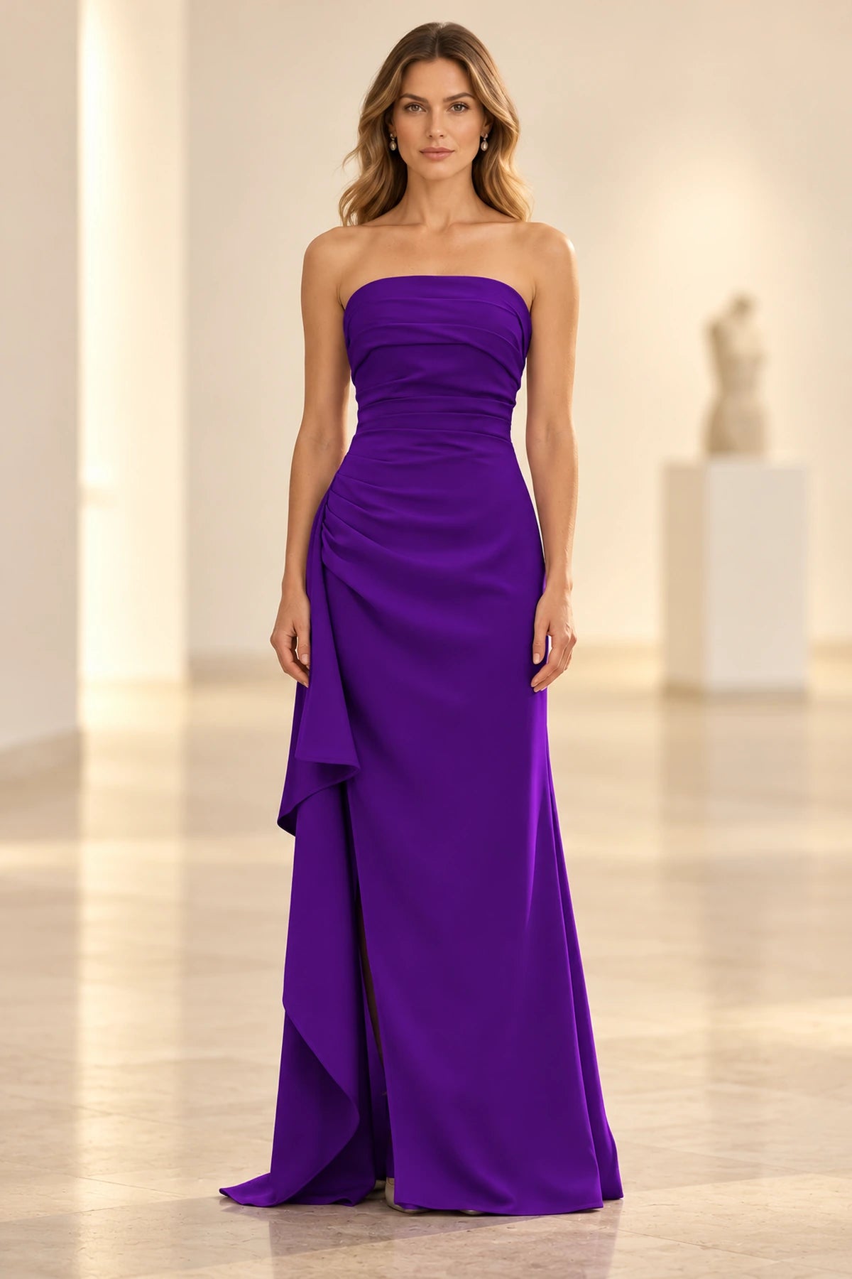 Elegant Satin Sheath Straight Neck Strapless Lace-Up Back Long Prom Dress