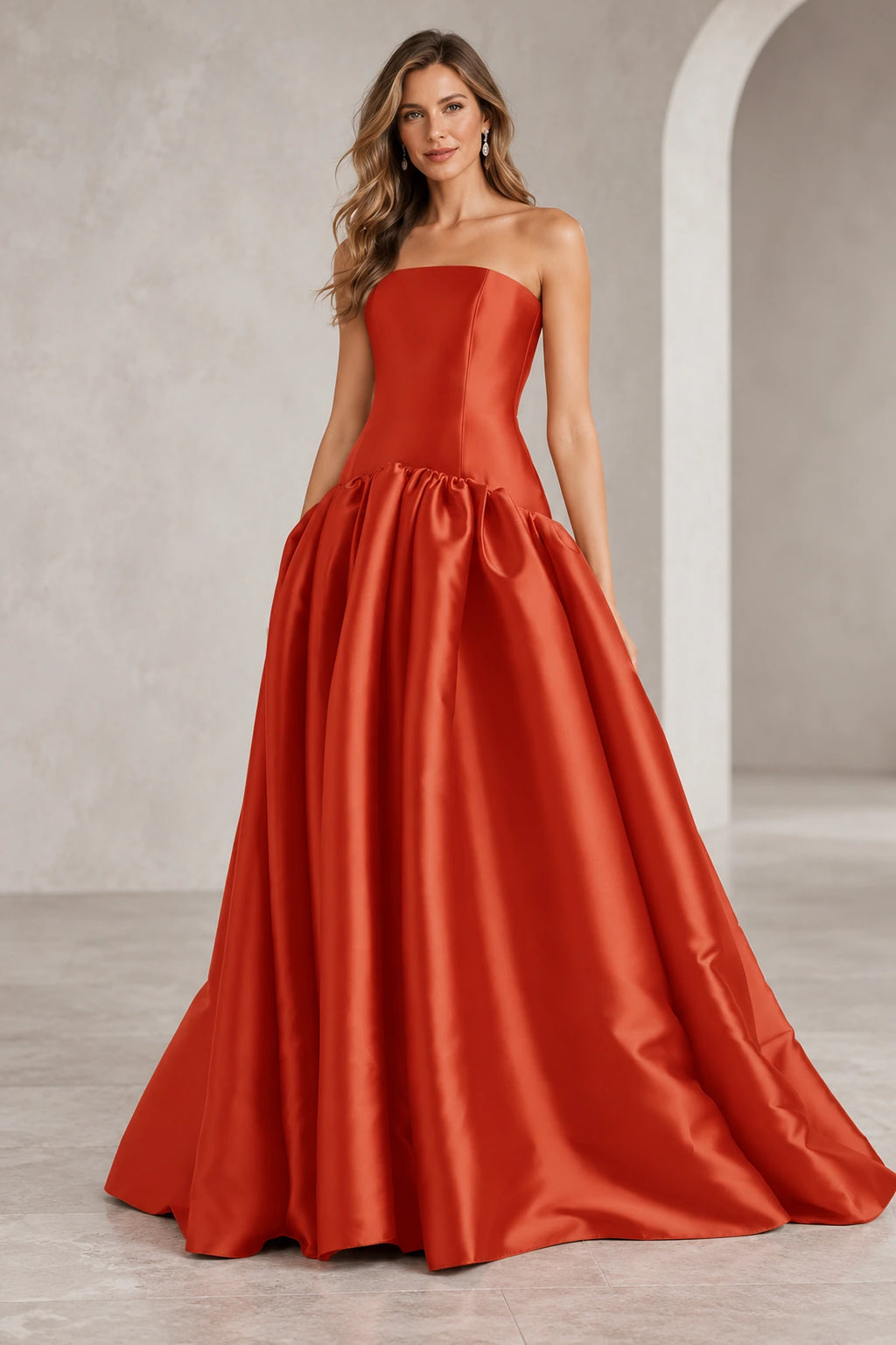 Romantic A Line Straight Neck Strapless Drop Waist Long Prom Dress