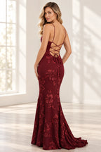 Elegant Floral Applique Mermaid Scoop Neck Spaghetti Strap Lace-Up Back Prom Dress