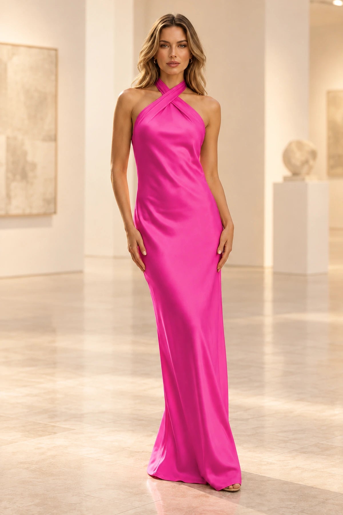 Elegant Satin Sheath Halter Sleeveless Bow-Back Floor-Length  Prom Dress