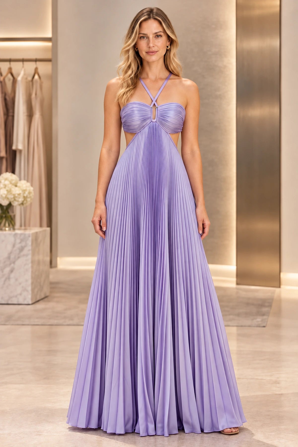 Elegant Satin A-Line Halter Sleeveless Tie-Back Floor-Length Prom Dress