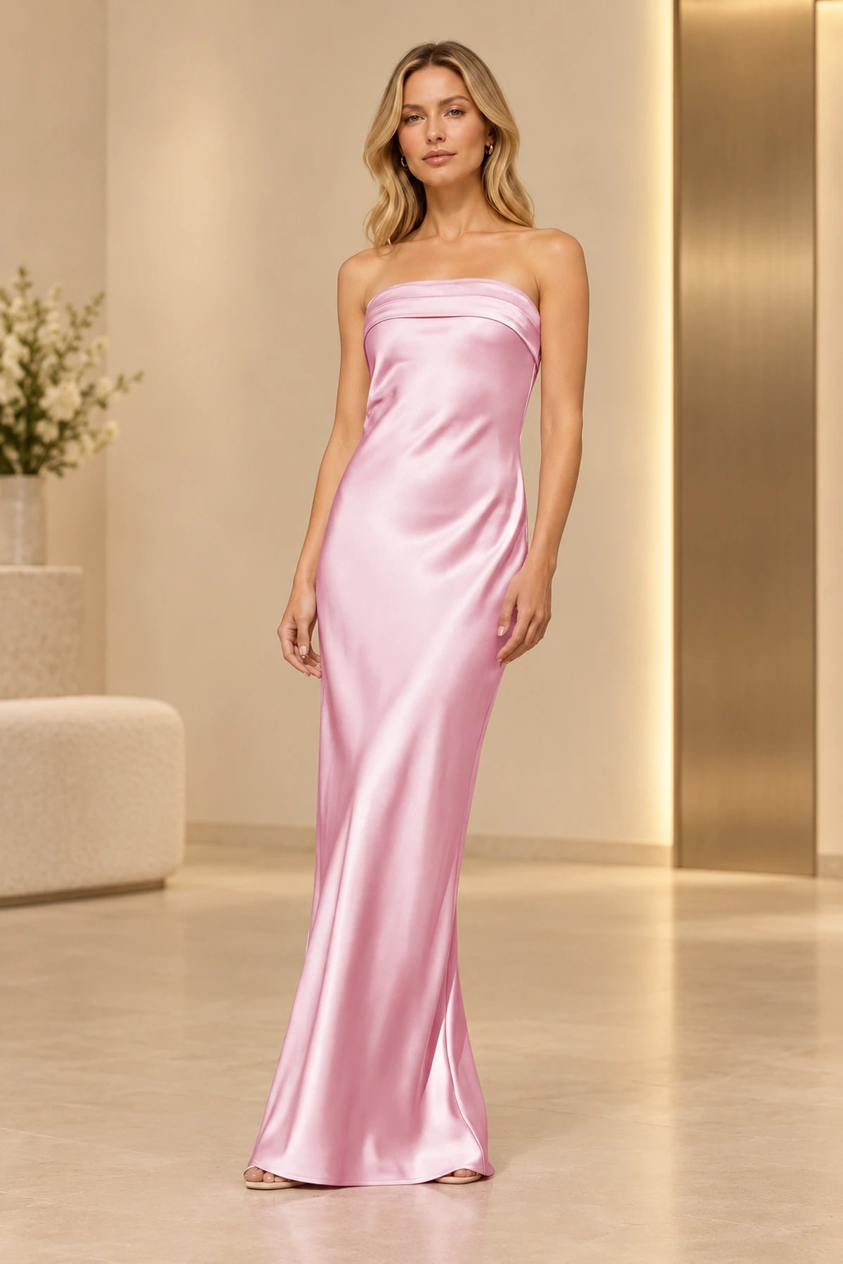 Sleek Satin Look Sheath Straight Neck Strapless Long Prom Dress