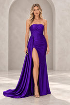 Radiant Satin Look Sheath Straight Neck Strapless Draped Long Prom Dress