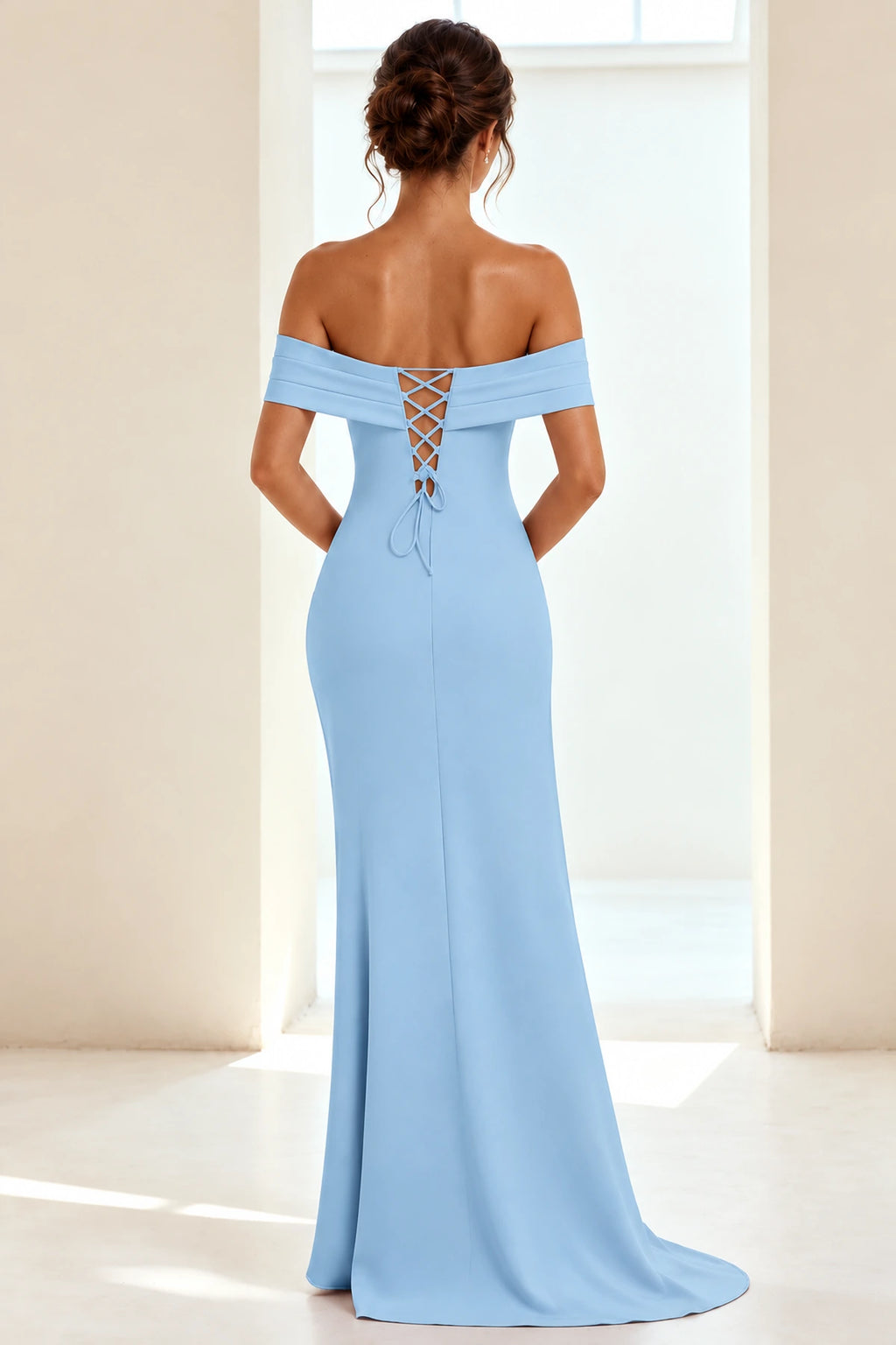 Elegant Sheath Off Shoulder Short Sleeve Lace-Up Back Long Prom Dress