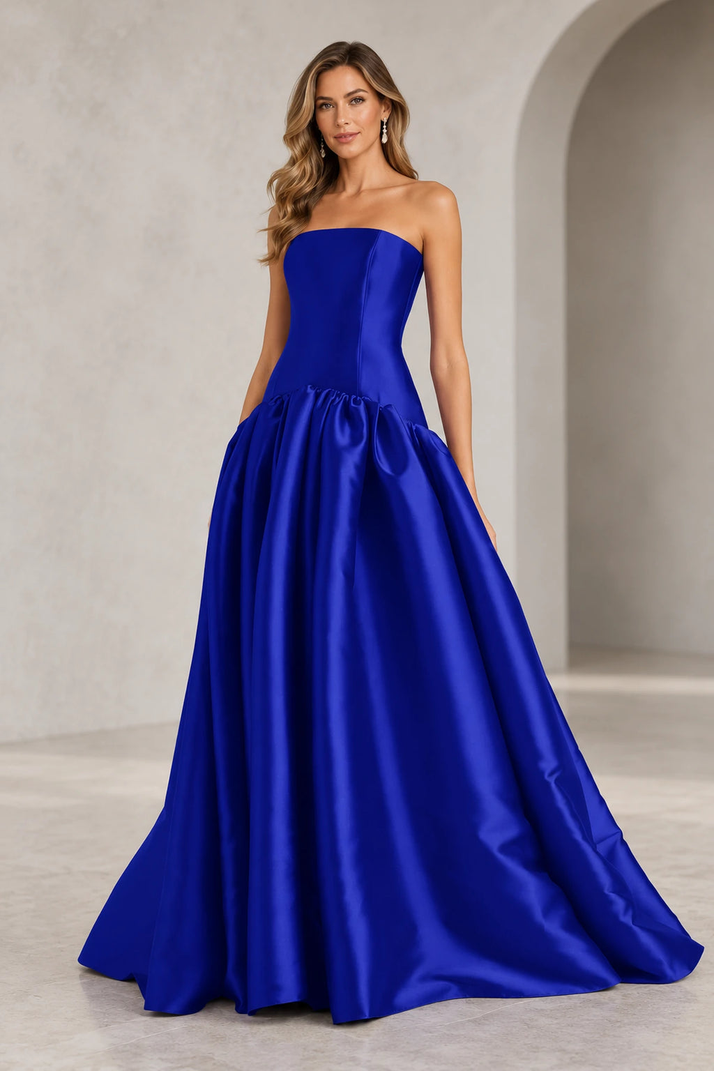 Romantic A Line Straight Neck Strapless Drop Waist Long Prom Dress