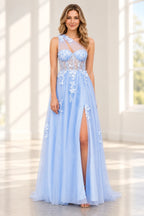 Romantic Tulle A Line Sweetheart One Shoulder Floral Long Prom Dress