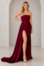 Radiant Satin Look Sheath Straight Neck Strapless Draped Long Prom Dress