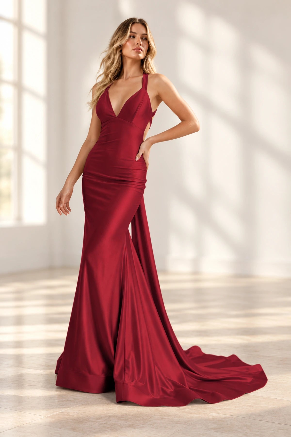 Elegant Satin Mermaid V-Neck Sleeveless Cross-Back Floor-Length Prom Dress
