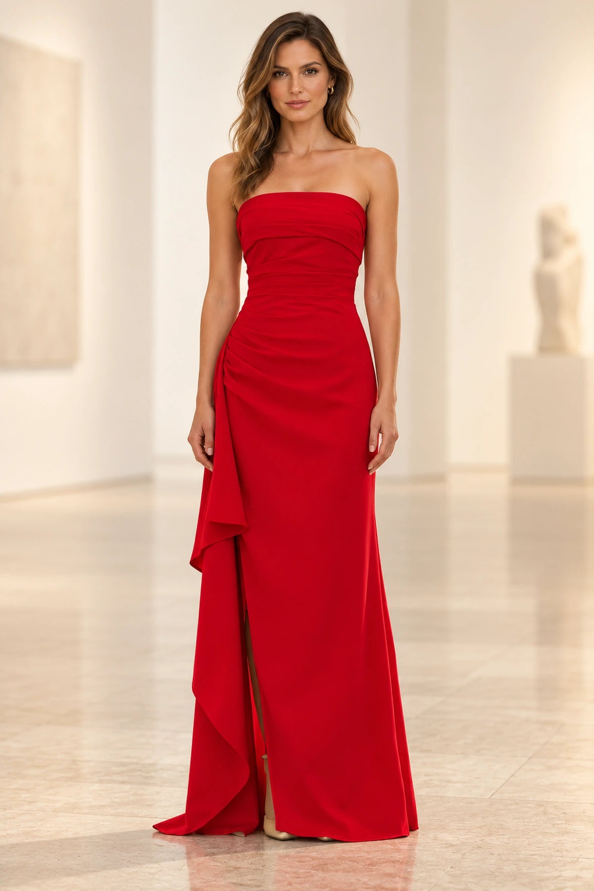 Elegant Satin Sheath Straight Neck Strapless Lace-Up Back Long Prom Dress