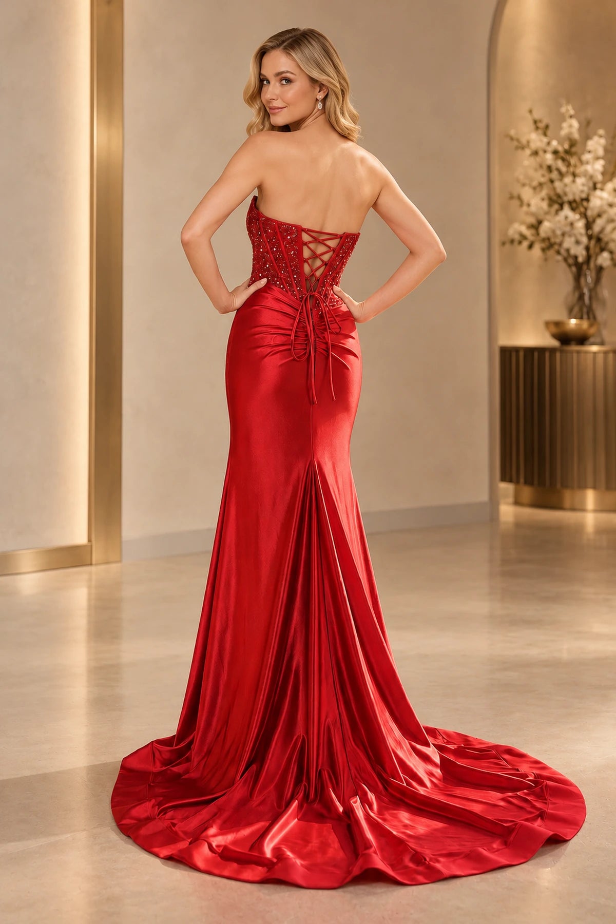 Elegant Satin Mermaid Strapless Corset Lace-Up Back Long Prom Dress