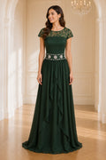 Dark green chiffon lace round neck long A line mother of the bride Dress front view