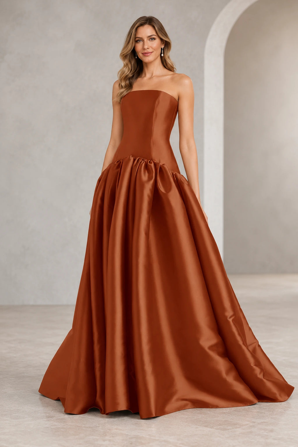 Romantic A Line Straight Neck Strapless Drop Waist Long Prom Dress