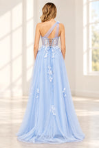 Romantic Tulle A Line Sweetheart One Shoulder Floral Long Prom Dress