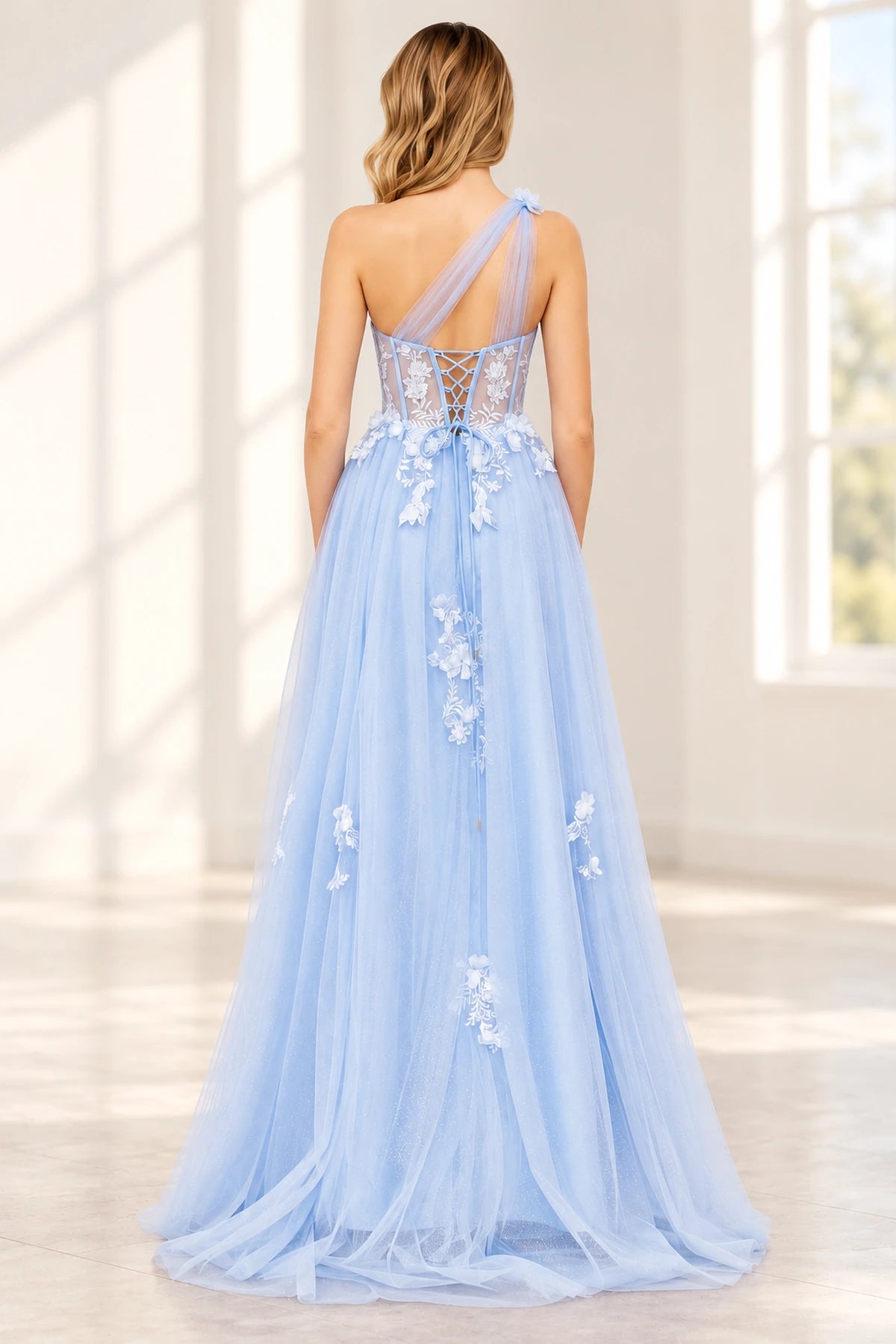 Romantic Tulle A Line Sweetheart One Shoulder Floral Long Prom Dress