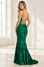 Elegant Floral Applique Mermaid Scoop Neck Spaghetti Strap Lace-Up Back Prom Dress
