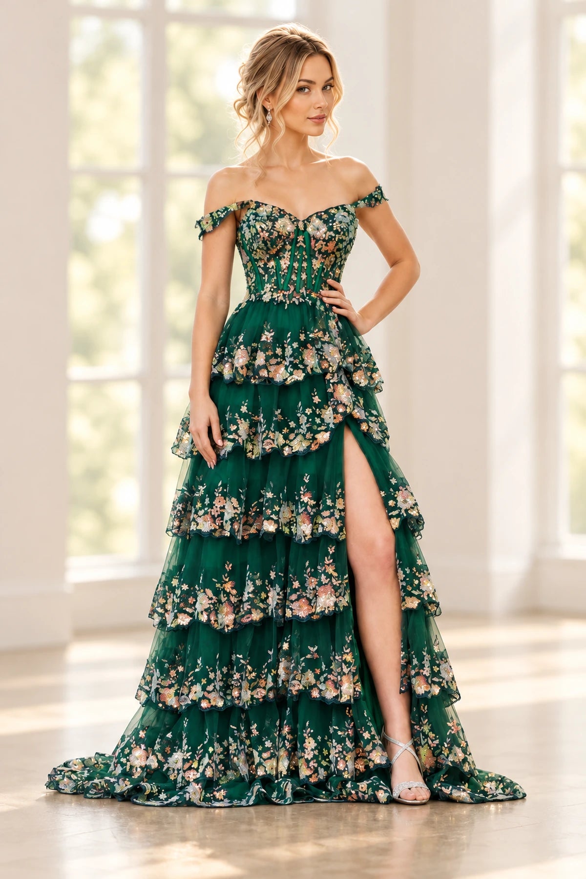 Elegant Tulle Floral Lace A-Line Sweetheart Corset Lace-Up Back Prom Dress