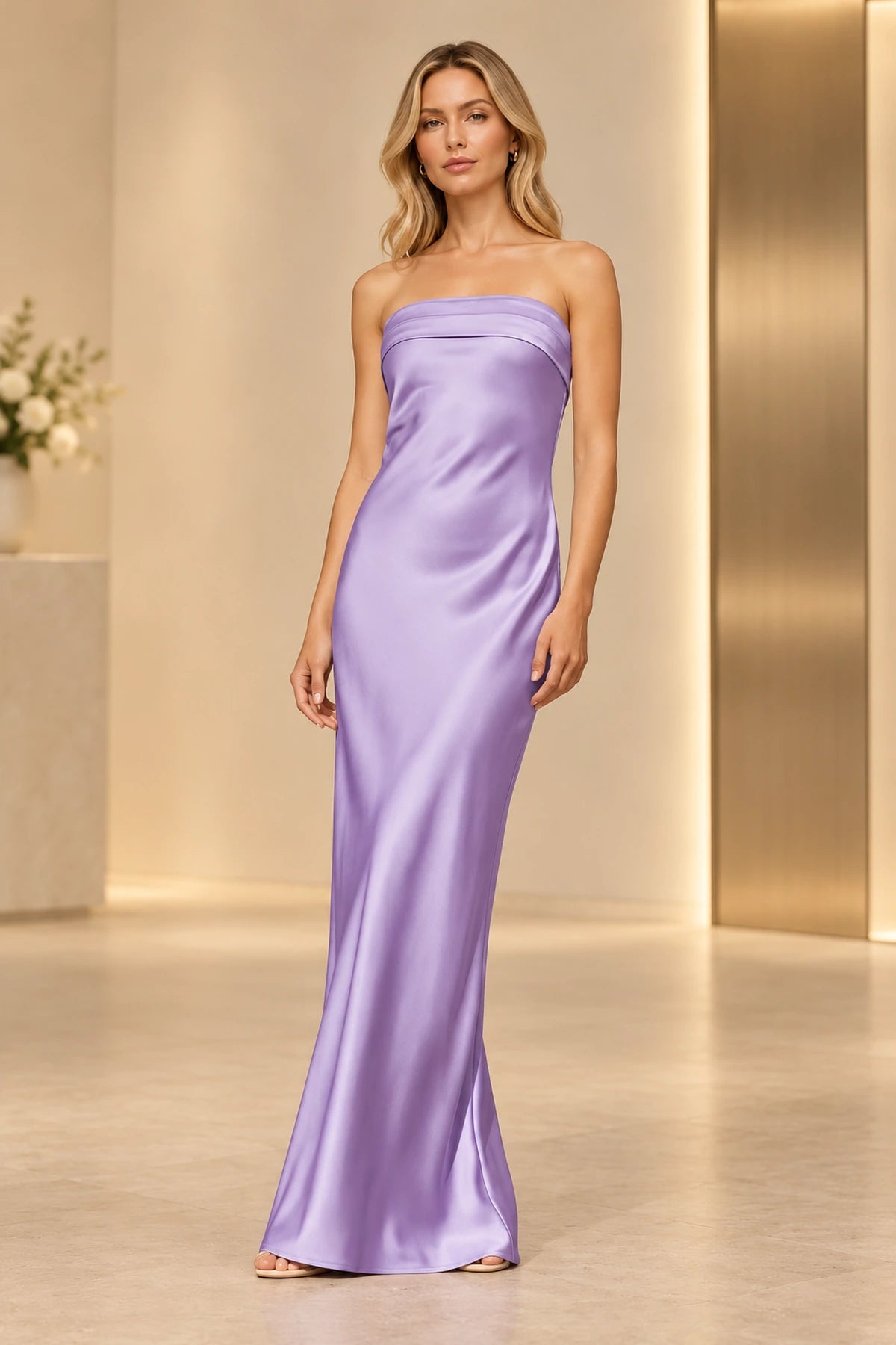 Sleek Satin Look Sheath Straight Neck Strapless Long Prom Dress