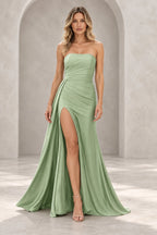 Radiant Satin Look Sheath Straight Neck Strapless Draped Long Prom Dress