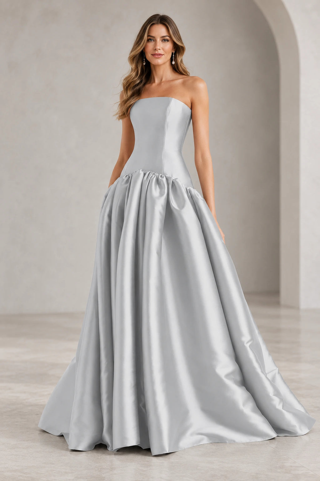 Romantic A Line Straight Neck Strapless Drop Waist Long Prom Dress