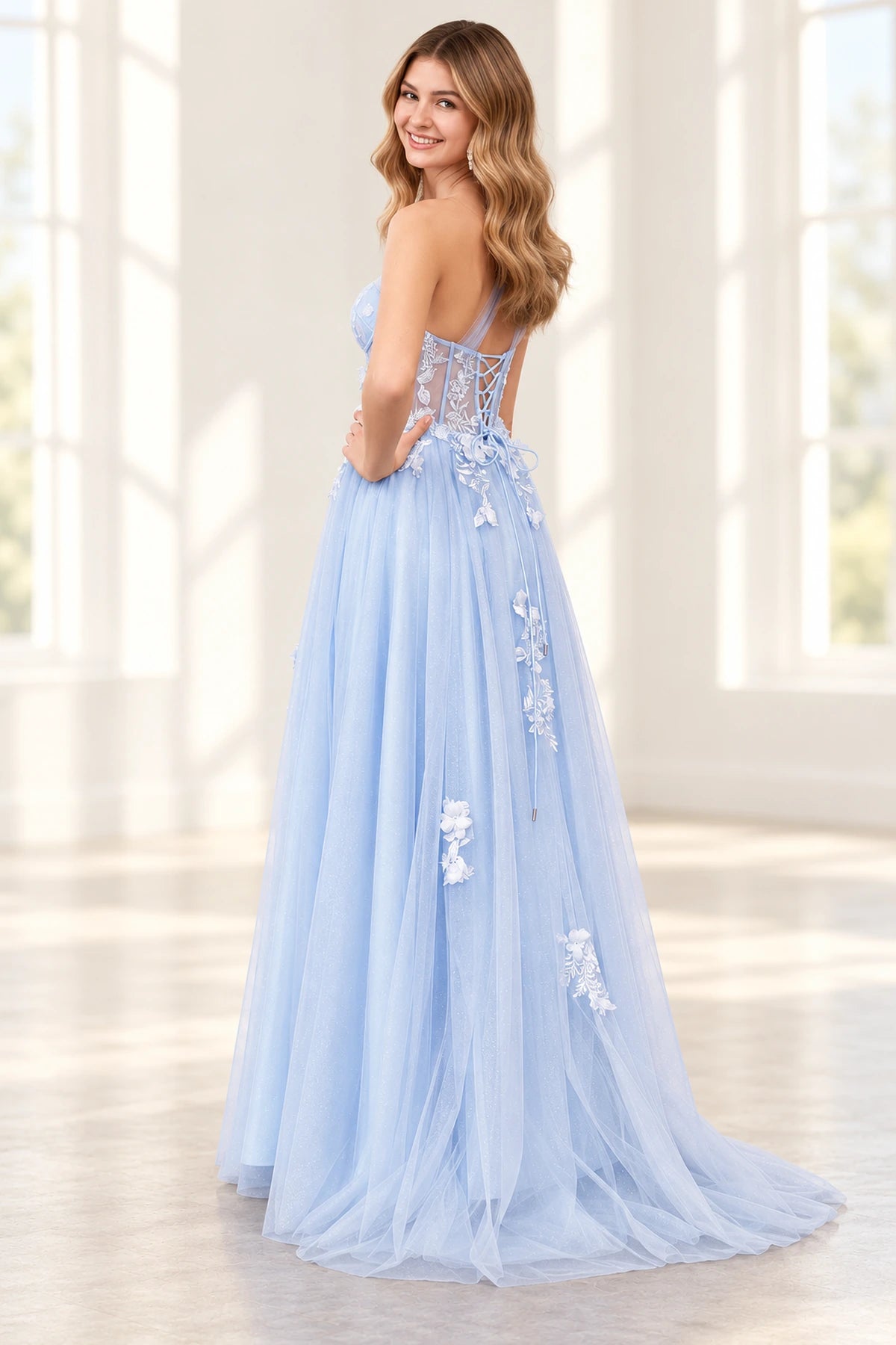 Romantic Tulle A Line Sweetheart One Shoulder Floral Long Prom Dress