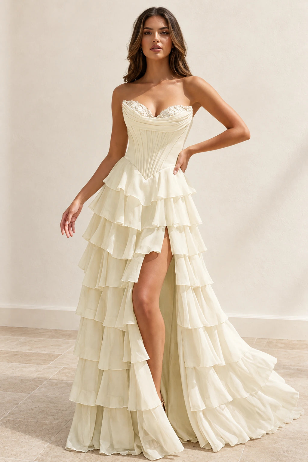 Elegant Chiffon Ball Gown Sweetheart Strapless Corset Lace-Up Back Prom Dress