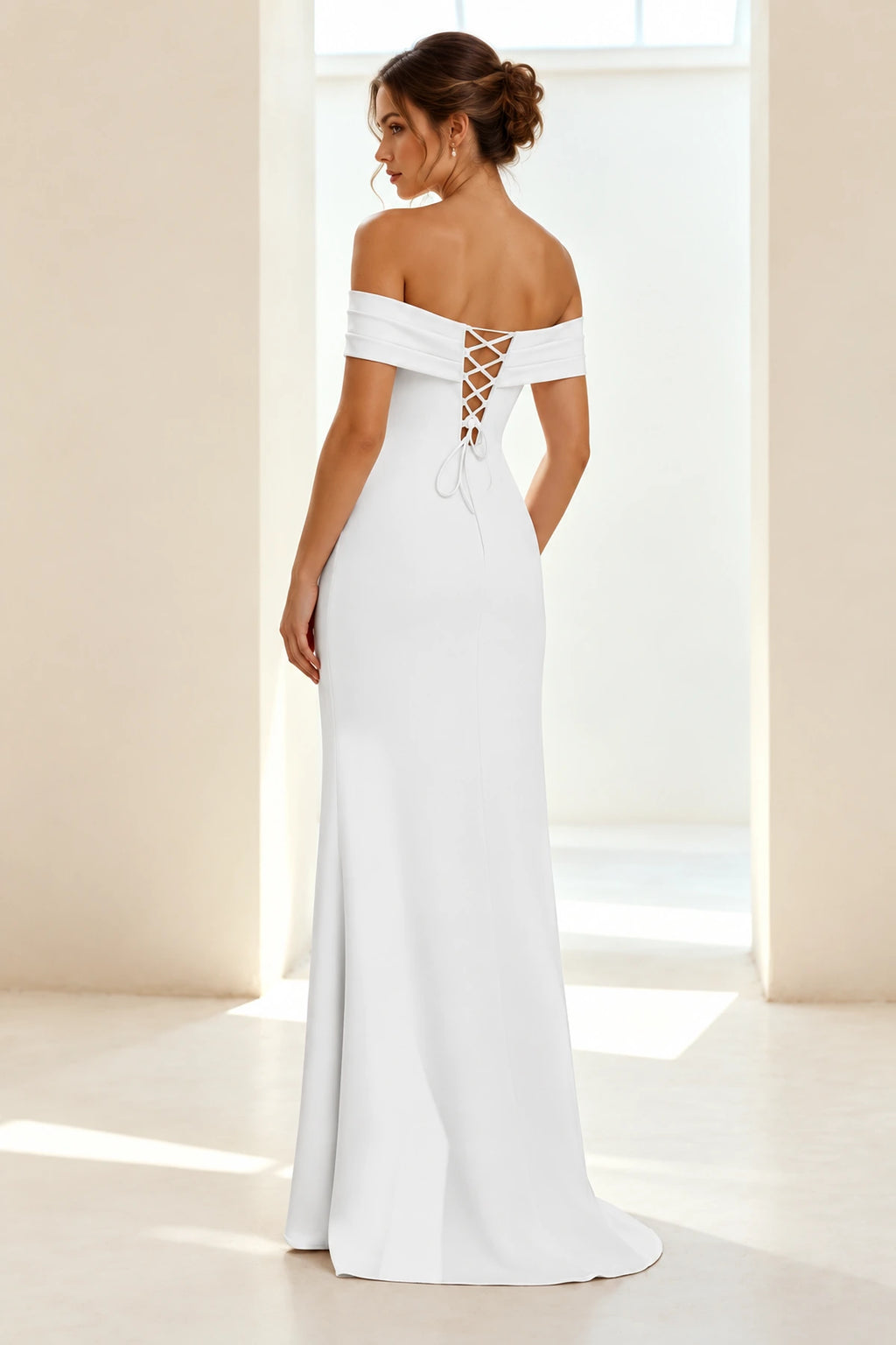 Elegant Sheath Off Shoulder Short Sleeve Lace-Up Back Long Prom Dress