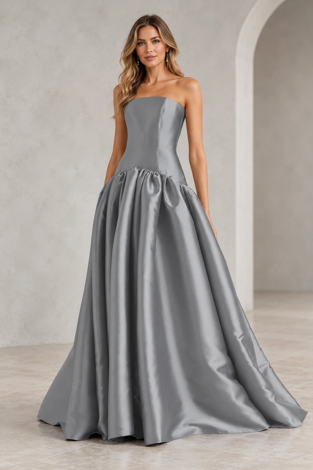 Romantic A Line Straight Neck Strapless Drop Waist Long Prom Dress