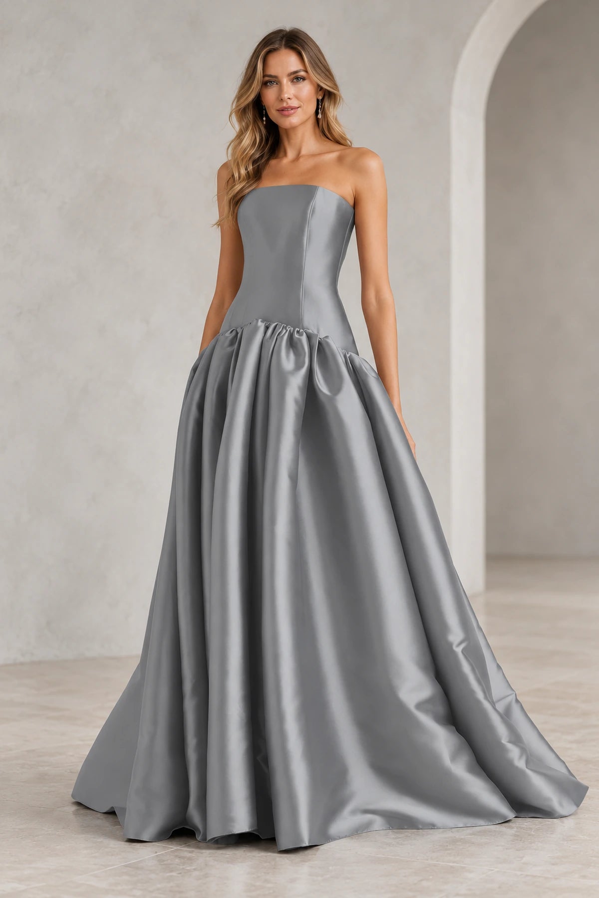 Romantic A Line Straight Neck Strapless Drop Waist Long Prom Dress