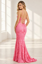 Elegant Floral Applique Mermaid Scoop Neck Spaghetti Strap Lace-Up Back Prom Dress